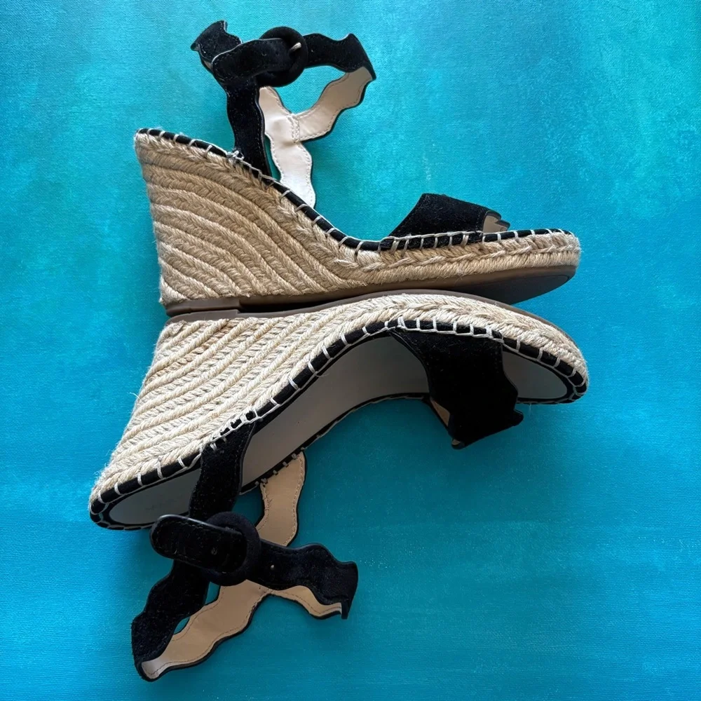 Marc Fisher Kai Black Scallop Suede Leather Espadrille Wedges Platform Shoe 9.5